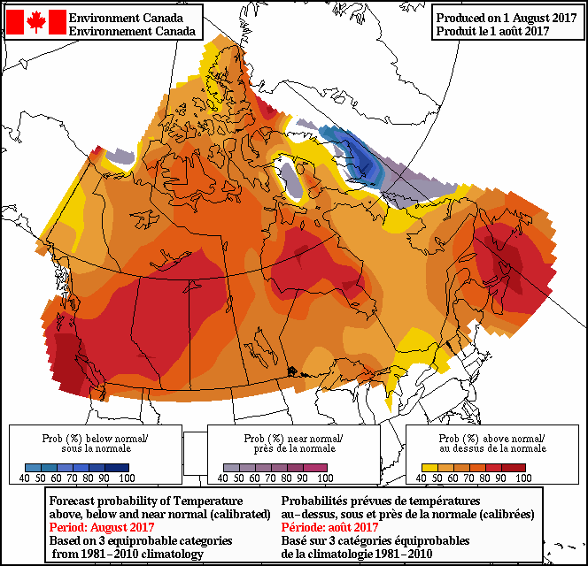 Environment Canada map showing predicted temperatures for August 2017.