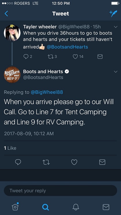 A screenshot of a tweet to Boots and Hearts.