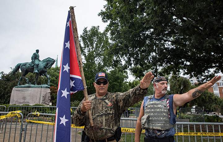 White nationalists in Emancipation Park prior to the Unite the Right rally in Charlottesville ,Virginia, August 12, 2017.