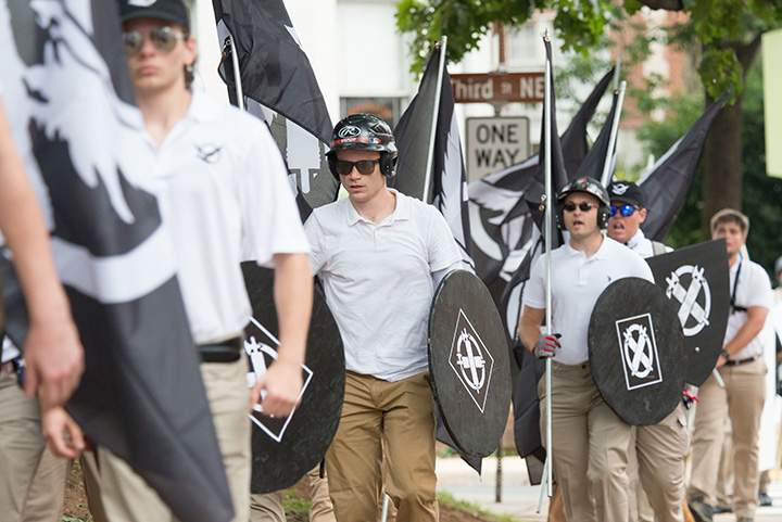 Neo-Nazis, white supremacists and other alt-right factions scuffled with counter-demonstrators near Emancipation Park in downtown Charlottesville, Virginia.