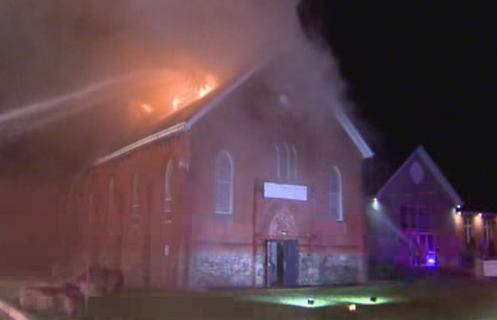 Fire crews respond to a church fire in Burlington, Ont., on Aug. 16, 2017.