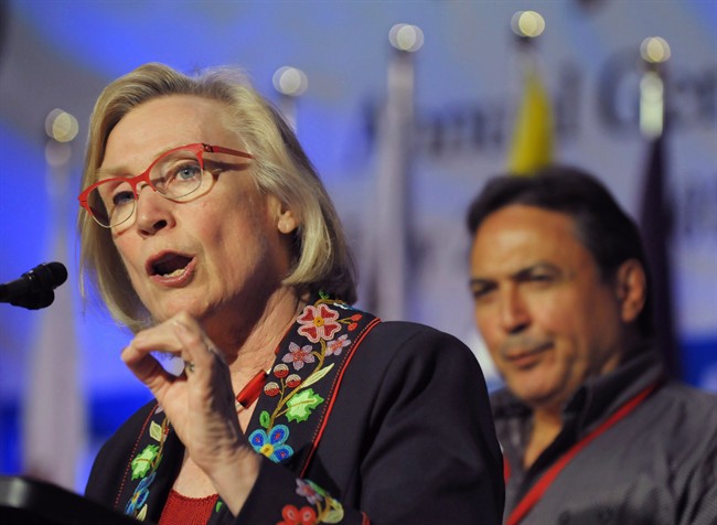 Minister of Indigenous and Northern Affairs, Carolyn Bennett speaks as AFN National Chief Perry Bellegarde looks on at the Assembly of First Nations annual general meeting in Regina, Sask., Tuesday July 25, 2017.