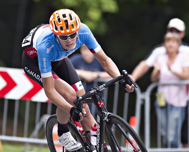 Canada's Matteo Dal-Cin races downhill on the Plains of Abraham at the UCI Pro Tour cycling Grand Prix in Quebec City, Friday, Sept. 9, 2016.