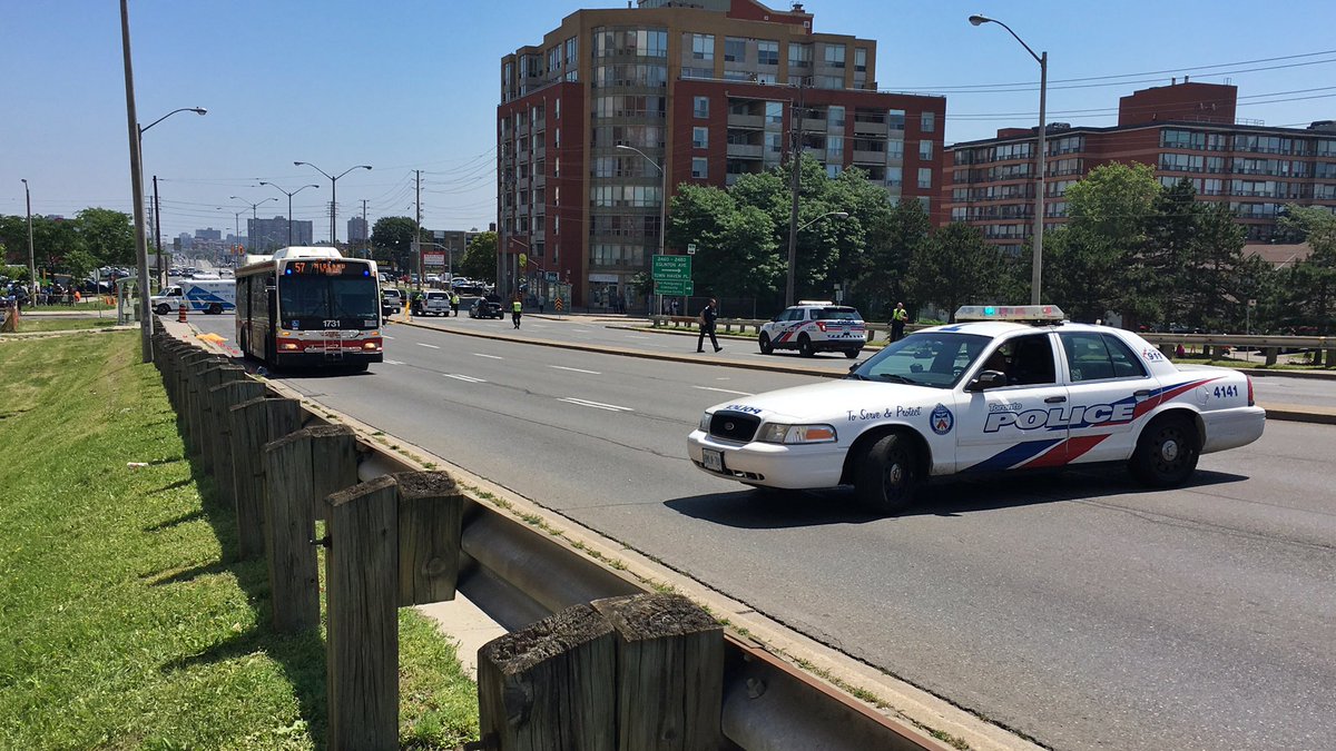 Police on scene after a senior was struck by a TTC bus on Eglinton Avenue East on July 18, 2017.