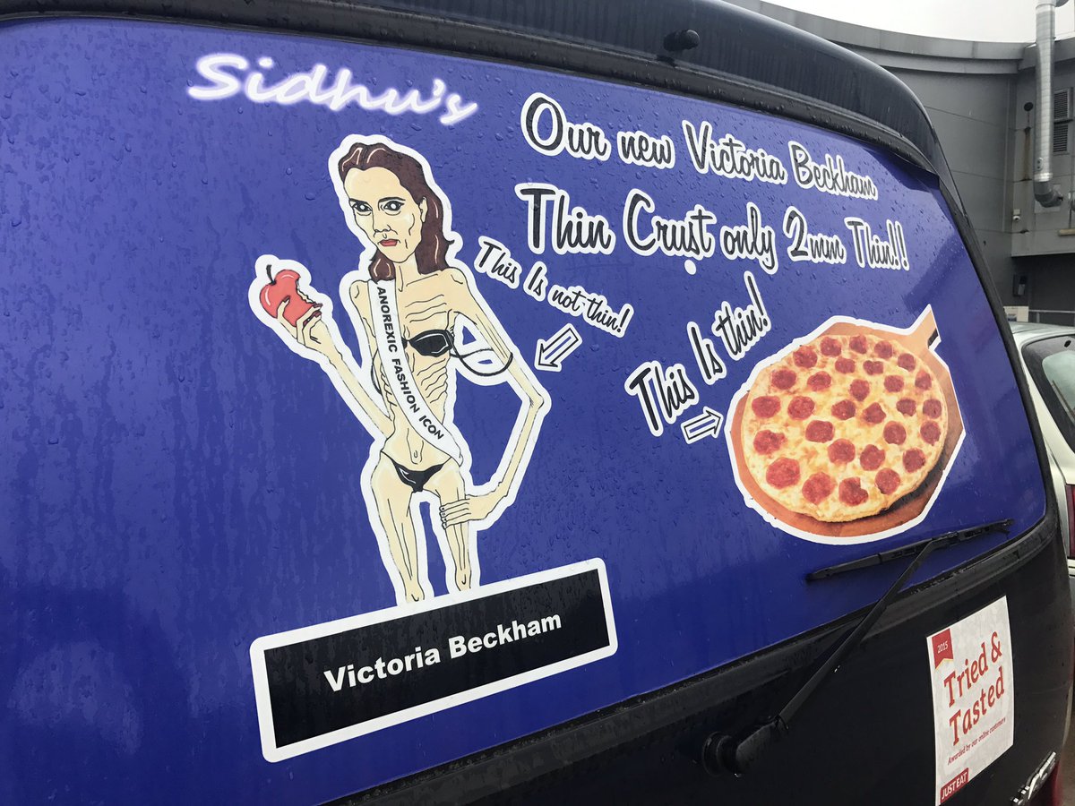 Sidhu Golden Fish and Chips in North Tyneside, England, declares its pizza crusts are thinner than Victoria Beckham in their advertisement.