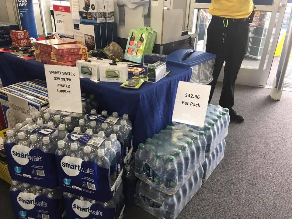 The image appears to show appeared to show cases of water for sale for more than $42 at a Houston store.