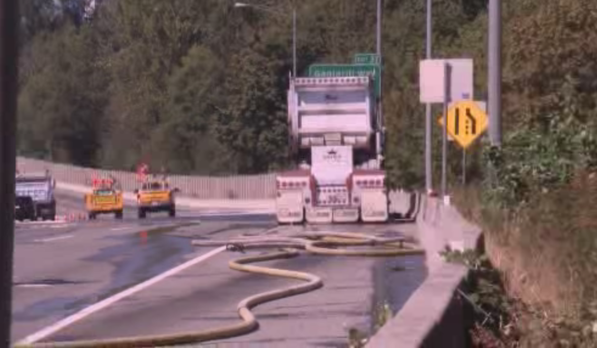 The scene of a diesel spill that forced closures on Highway 1 between Brunette and Gaglardi in Burnaby on Aug. 28, 2017.