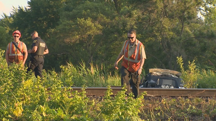 Police are investigating after a car crashed near the train tracks in Dorval, disrupting train service on the RMT Hudson-Vuadreuil line. Monday, Aug. 14, 2017.