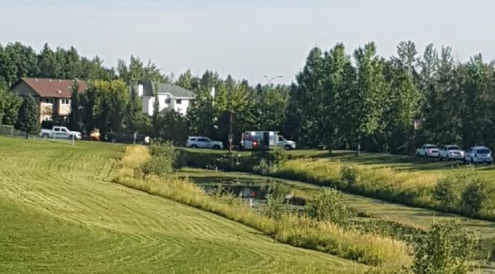 A viewer-submitted photo of emergency vehicles seen at a pond in Drayton Valley, Alta. on Aug. 3, 2017.