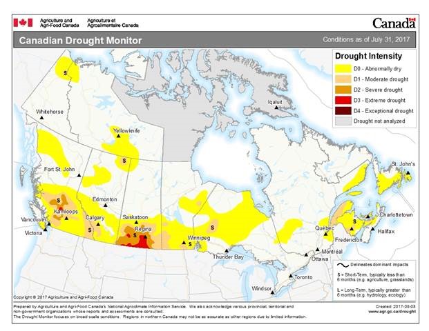 Extreme drought in Saskatchewan was caused by low precipitation and extreme heat. 