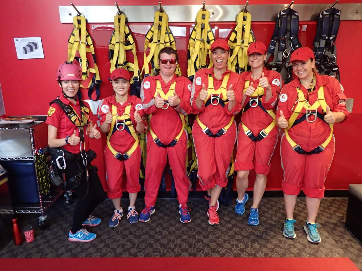 It was all thumbs up for Global’s Kim Sullivan as she got ready to walk on the edge of the CN Tower in Toronto, Monday, July 31, 2017.