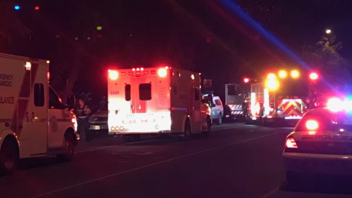 Emergency responders at a crash scene on Ethel St. in Kelowna Tuesday night. 