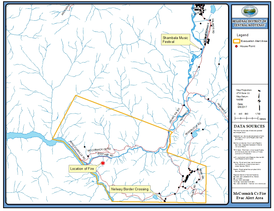 A map of the McCormick Creek fire evacuation alert area in relation to the Shambhala music festival.