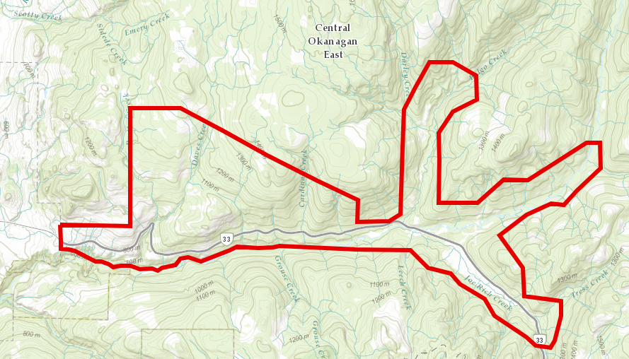 This map shows the area subject to an evacuation order due to the Joe Rich area wildfire on Aug. 27, 2017.