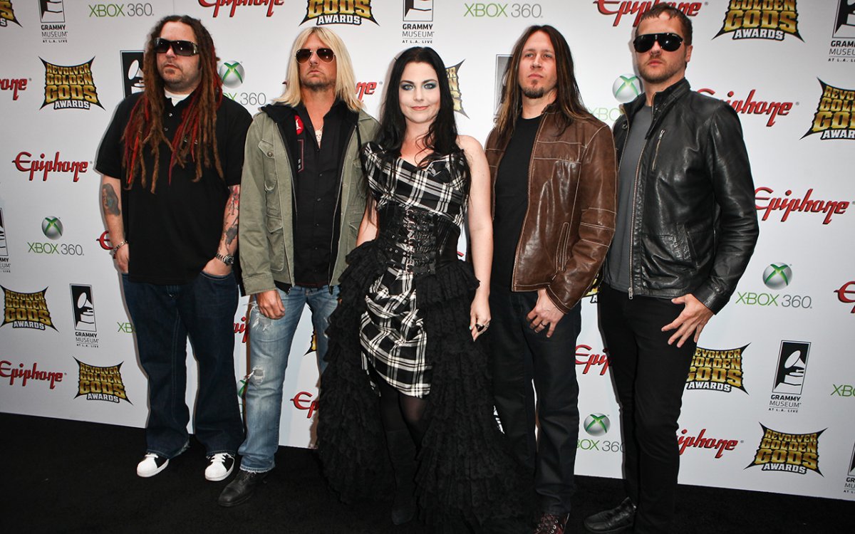 Evanescence arrives at the 4th annual Revolver Golden Gods awards at Club Nokia on April 11, 2012 in Los Angeles, California.