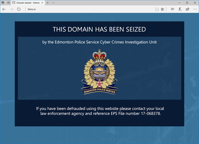 Edmonton police took over this website's domain after a complaint that it was stealing personal information. 