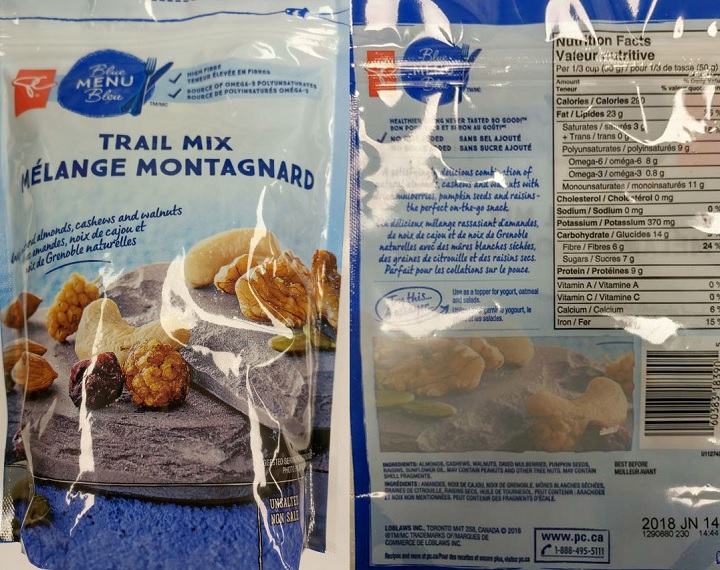Loblaw Companies Ltd has issued a food recall for President's Choice Blue Menu Trail mix due to the presence of wheat and soy, which are not declared on the label. Saturday, Aug. 26, 2017.