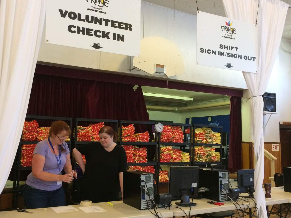 Volunteer headquarters at the Edmonton Fringe Festival.August 17, 2017