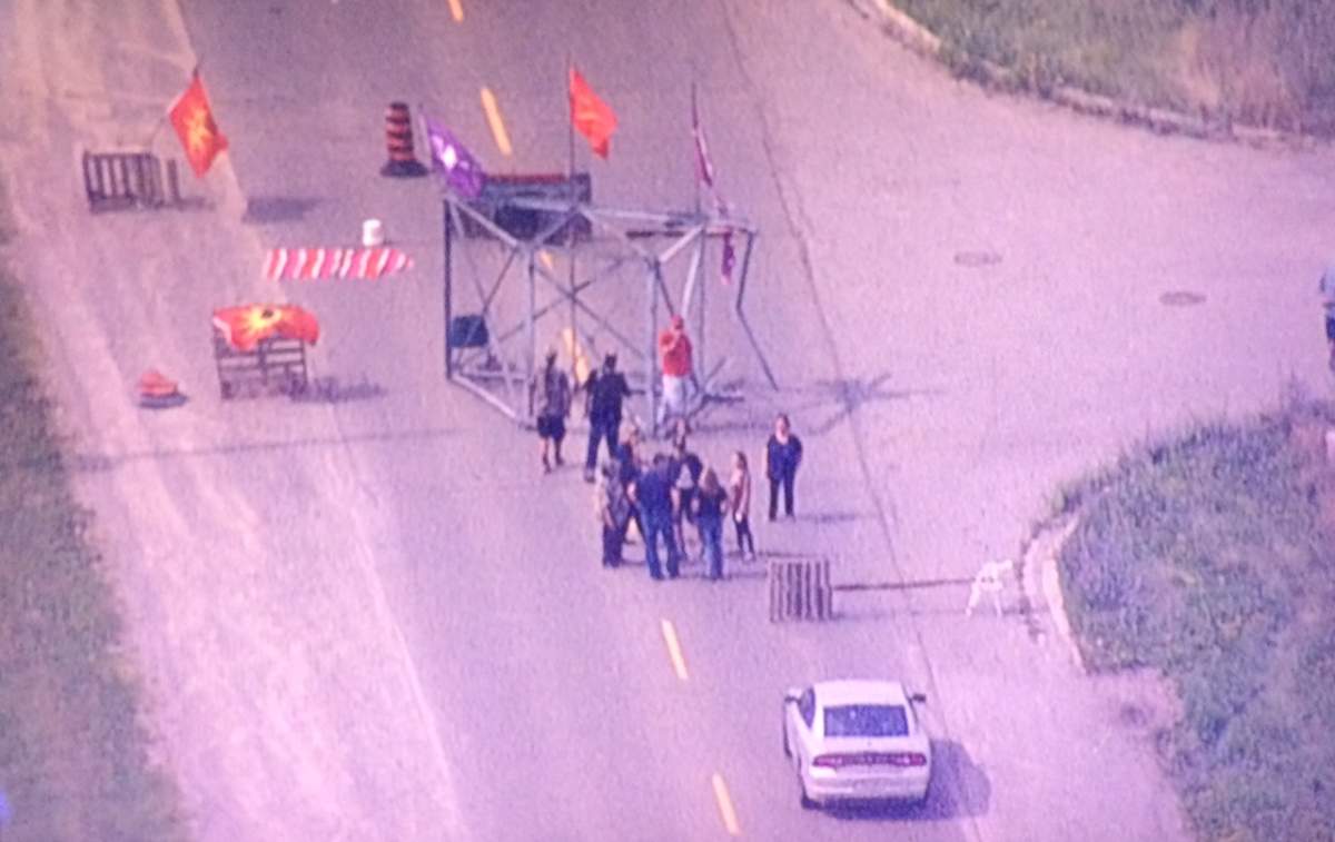 Protesters set up a blockade in Caledonia on Aug. 10.