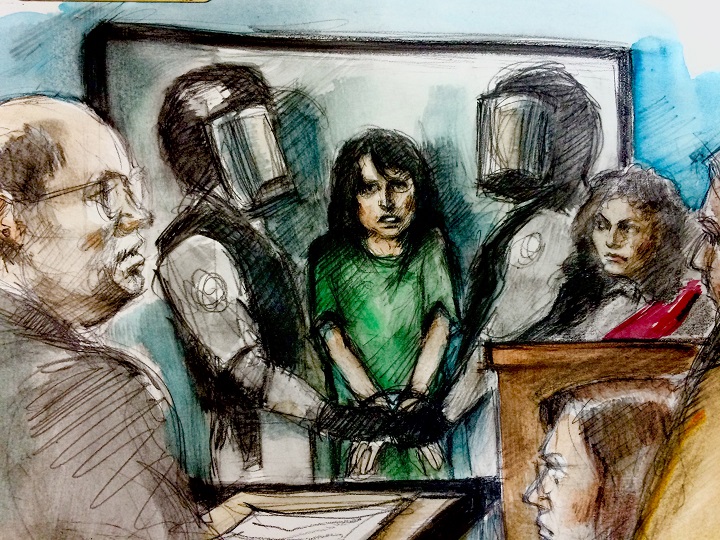 Sketch of Rehab Dughmosh, appearing in court via video link, Aug. 21, 2017.