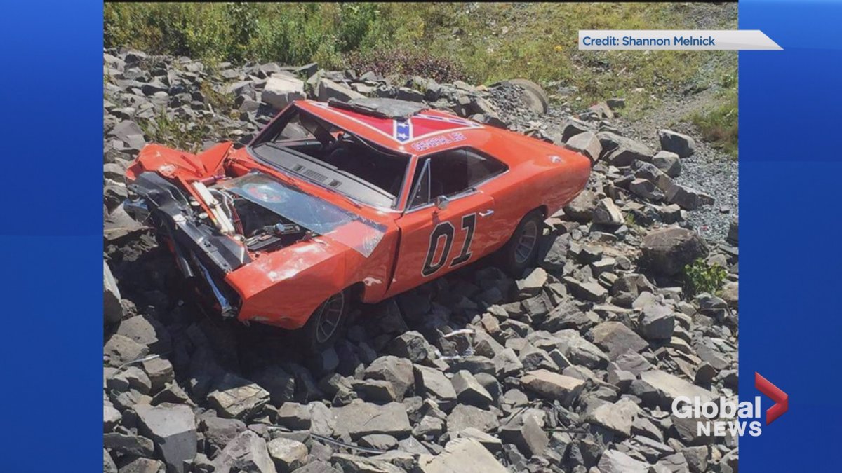 A car that looks curiously like the General Lee from Dukes of Hazzard left the road on August 28, 2017.
