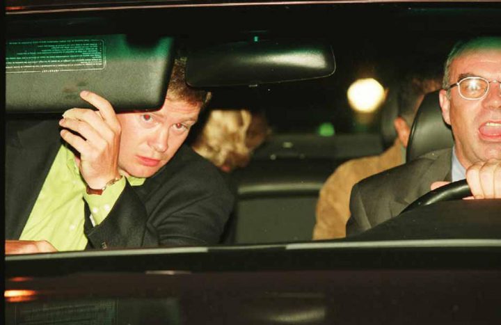 Diana, Princess of Wales and Dodi Al-Fayed (both partially visible in back seat), bodyguard Trevor Rees-Jones (front, left) and driver Henri Paul, in their Mercedes-Benz S280, shortly before the fatal crash in August 1997.