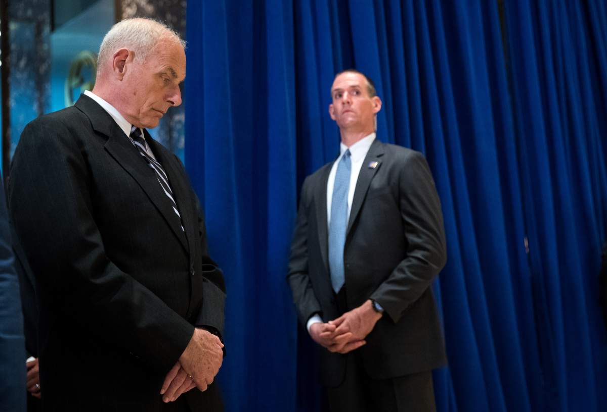 NEW YORK, NY – AUGUST 15: White House Chief of Staff Gen. John Kelly looks on as US President Donald Trump speaks following a meeting on infrastructure at Trump Tower, August 15, 2017 in New York City. He fielded questions from reporters about his comments on the events in Charlottesville, Virginia and white supremacists. (Photo by Drew Angerer/Getty Images)