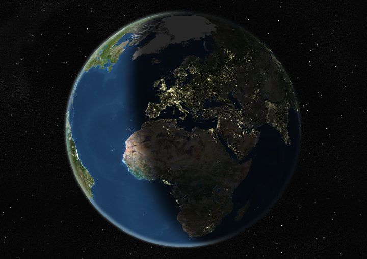 True colour satellite image of the Earth centred on Europe and Africa, during winter solstice at 6 p.m GMT. This image in orthographic projection was compiled from data acquired by LANDSAT 5 & 7 satellites.