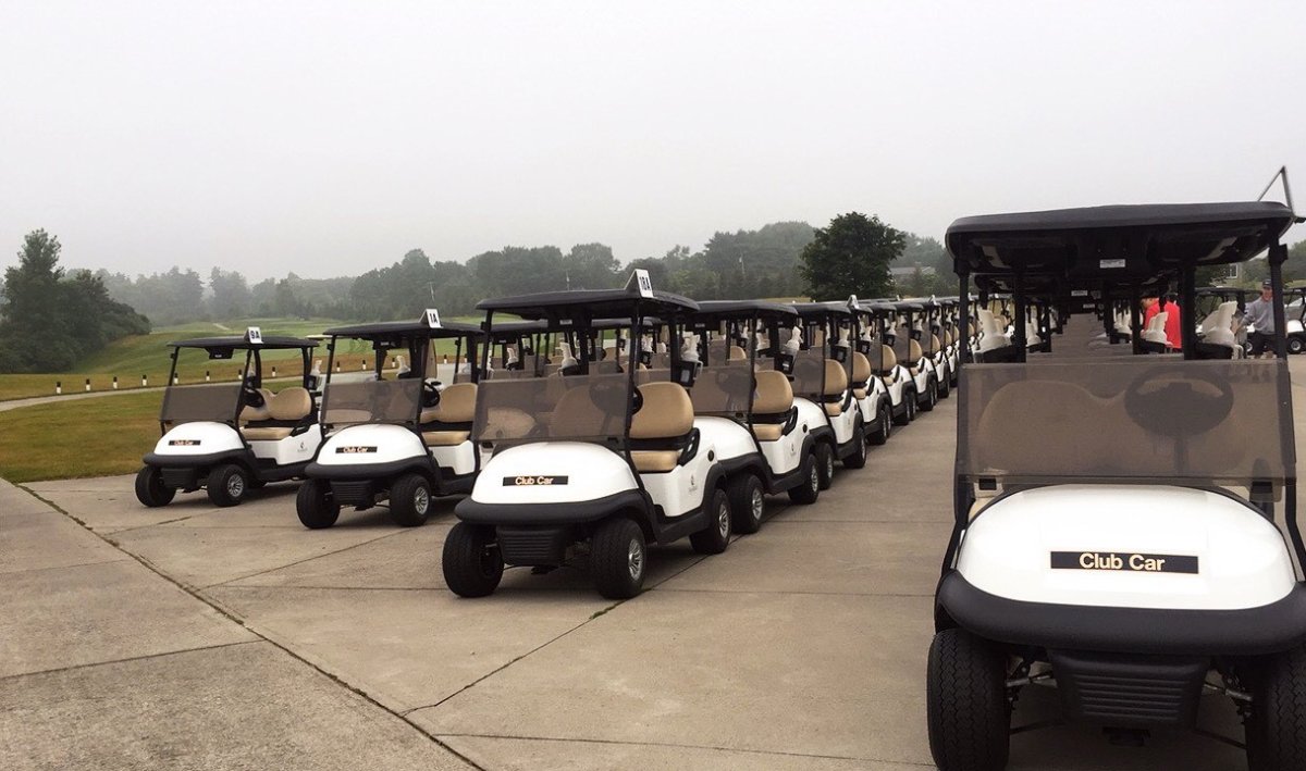 Golf carts line the path at Fire Rock Golf Club in Komoka.