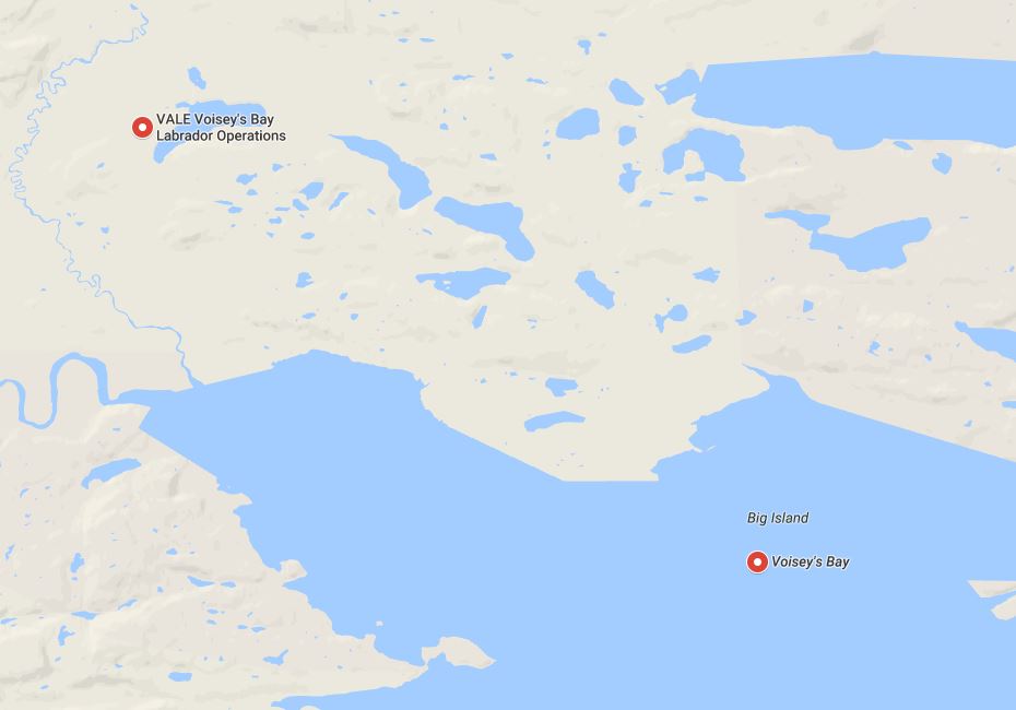 VALE's Voisey's Bay operation is shown through Google Maps. Global mining giant Vale's decision to review its
global operations in light of depressed nickel prices is causing
anxiety among Indigenous workers at its Voisey's Bay mine in
Labrador.