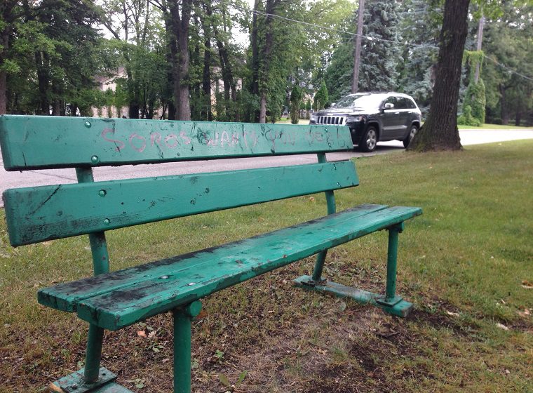 Hate graffiti was written on this bench on Wellington Crescent over the weekend.