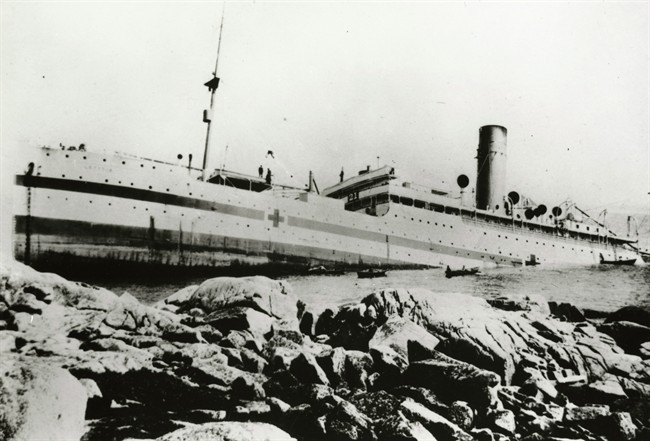 The hospital ship SS-Letitia is shown in a 1917 handout photo. Hundreds of wounded Canadian soldiers were rescued 100 years ago today after their hospital ship ran aground off Halifax harbour.The SS-Letitia was carrying 546 First World War soldiers when it ran aground in thick fog on August 1, 1917. 