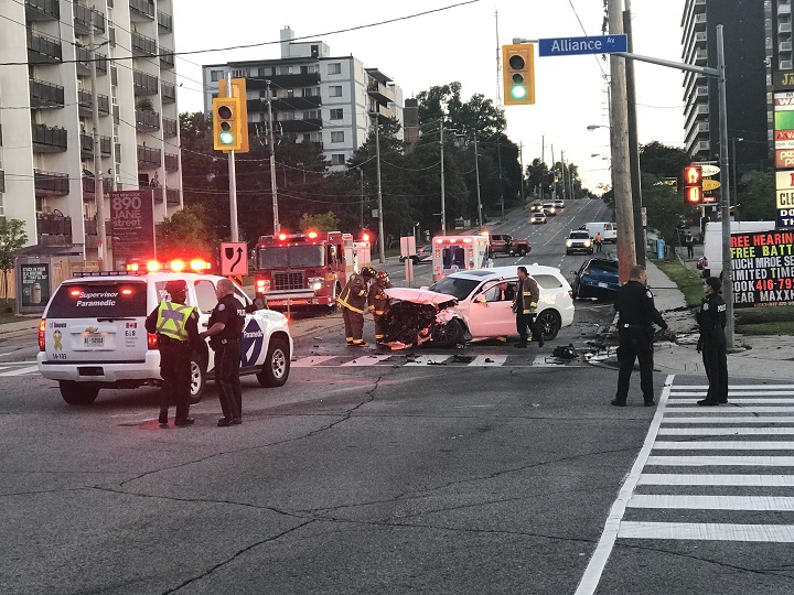 Police investigate a serious collision between two vehicles at Jane St. and Alliance Ave. on Aug. 8, 2017.