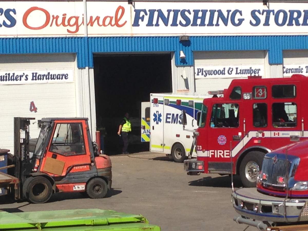Several people were trapped after a row of shelves holding lumber collapsed at a Windsor Plywood store at 5255 128 Ave. on Saturday morning in north Edmonton. August 12, 2017.