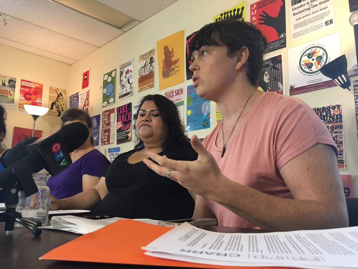 Community organizer Nora Butler Burke speaks at a press conference in Montreal, Thursday August 3, 2017. It was to launch a campaign to pressure the Quebec government into allowing transgender migrants to change their gender and name on ID documents.  