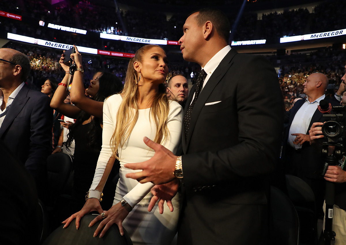 Actress Jennifer Lopez and former MLB player Alex Rodriguez attend the super welterweight boxing match between Floyd Mayweather Jr. and Conor McGregor on August 26, 2017 at T-Mobile Arena in Las Vegas, Nevada.