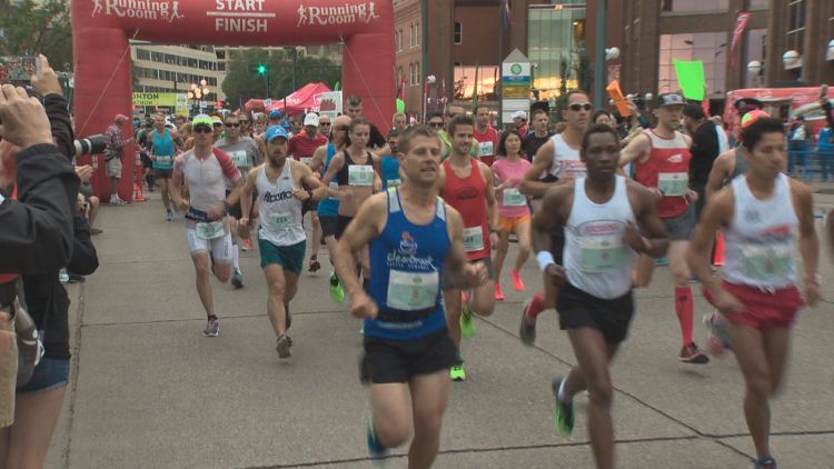 Runners take part in the 25th Servus Edmonton Marathon on Sunday. 