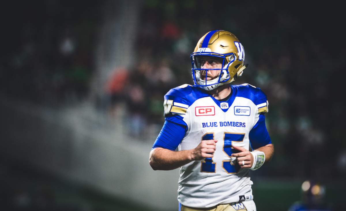 Matt Nichols (15) of the Winnipeg Blue Bombers during the game at New Mosaic Stadium in Regina, SK, Saturday, July 1st, 2017. (Photo: Johany Jutras)