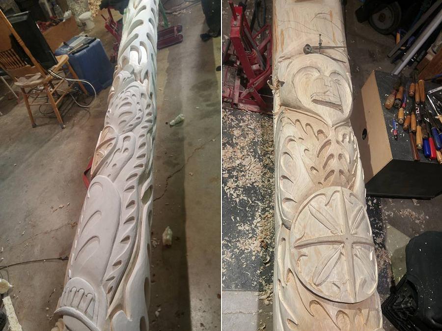 Artist Kris Nahgrang carved a 28-foot totem pole from a white cedar.