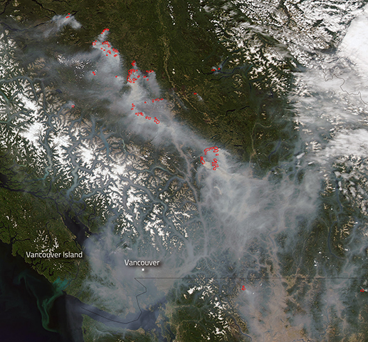 As weather forecasters predicted, the winds have shifted in British Columbia forcing the smoke from the fires to head toward the south coast affecting Vancouver, Vancouver Island, and points southwest.