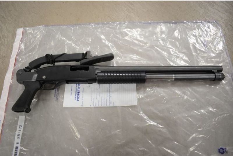 Folding stock shotgun allegedly seized in execution of search warrant.