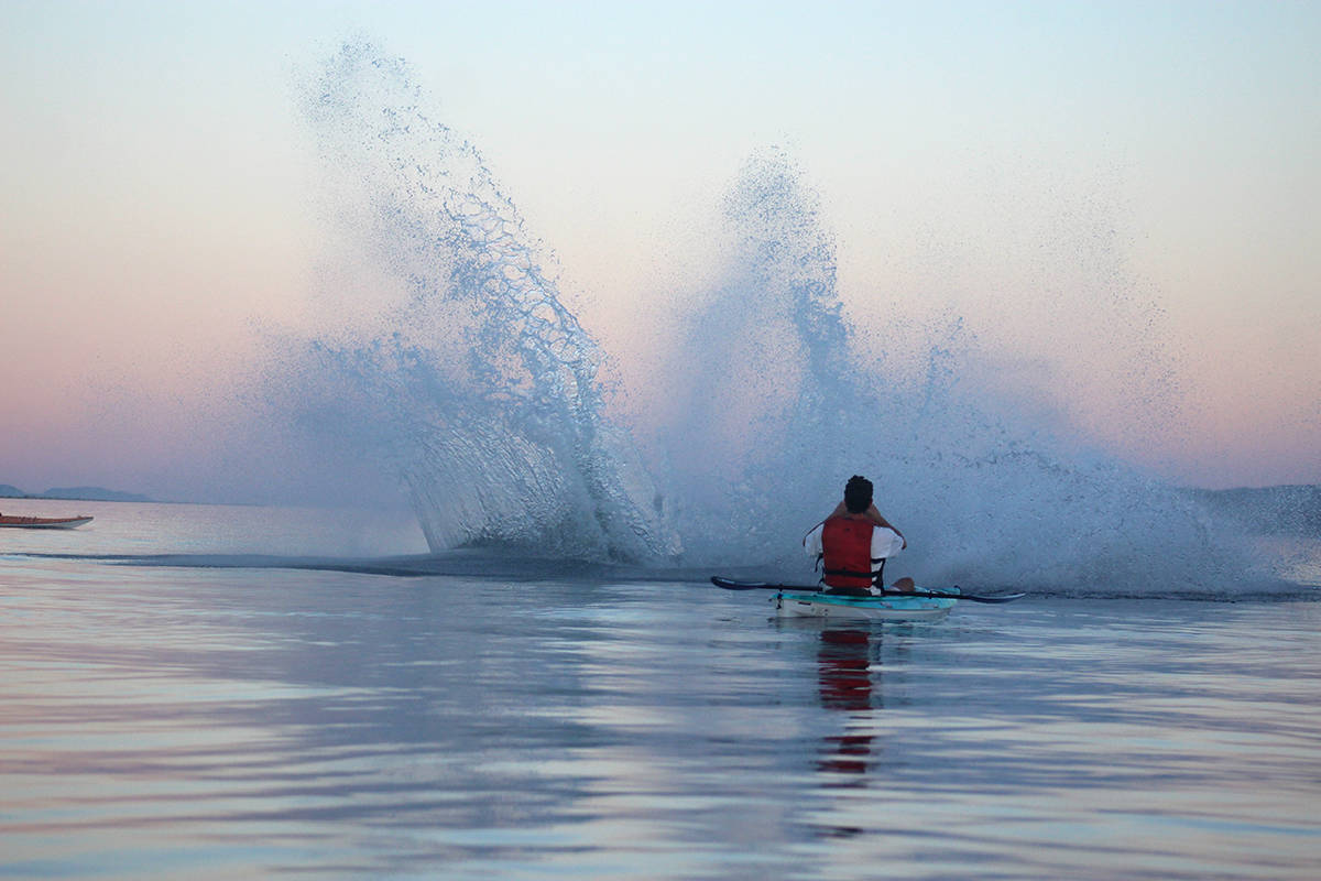 An orca leaps out of the water near a kayaker off of Gartley Beach on Aug. 26, 2017.