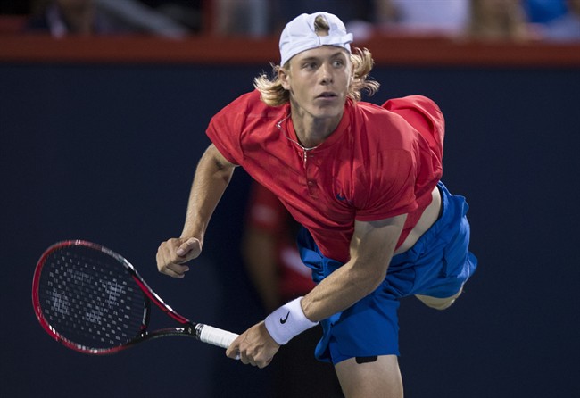 Denis Shapovalov of Canada serves to Alexander Zverev of Germany during the semifinals at the Rogers Cup tennis tournament Saturday August 12, 2017 in Montreal.