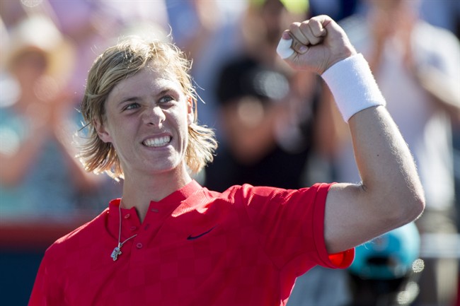 Denis Shapovalov of Canada celebrates after beating Juan Martin del Potro from Argentina during second round of play at the Rogers Cup tennis tournament, Wednesday, August 9, 2017 in Montreal. 