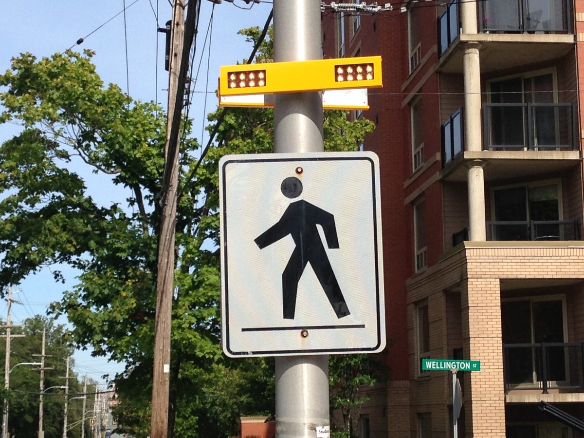 One of the new rectangular rapid flashing beacons installed at a crosswalk in Halifax. 