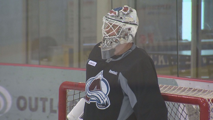 Goalie Calvin Pickard practices at the Bell MTS Iceplex.