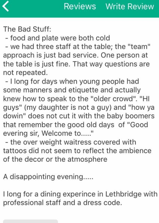 The TripAdvisor review posted by the man served by Amanda Bauer.