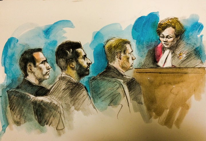In this artist's sketch, Joshua Cabero (left), Sameer Kara (middle) and Leslie Nyznik (right) listen to Justice Anne Molloy read her not guilty verdict on Aug. 9, 2017.