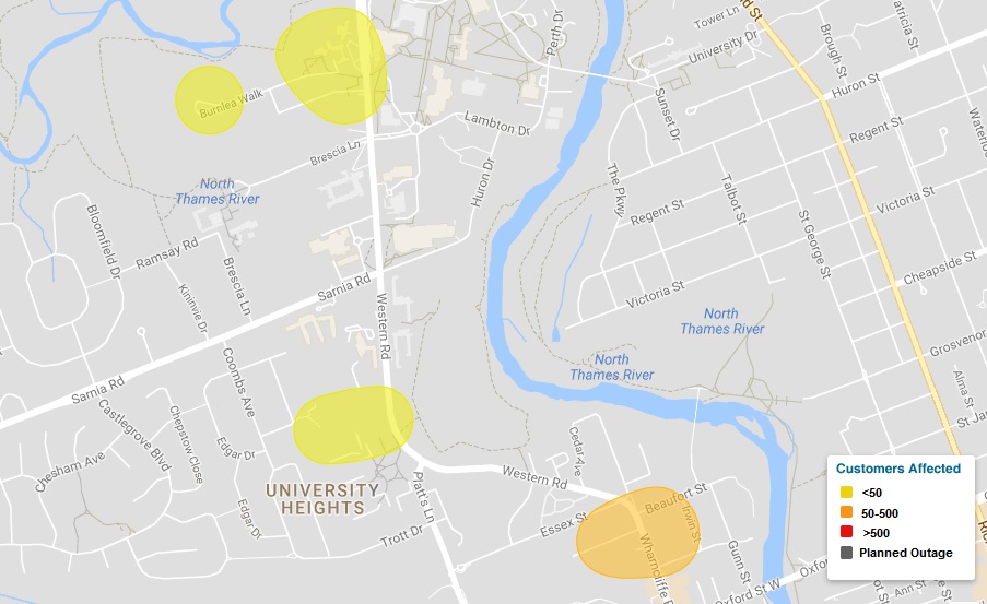 A large swath of northwest London was left without power this morning after an equipment failure. Power was slowly restored across the area. As of 11:30 a.m., just a handful of outages remained.