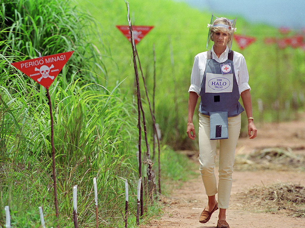 Princess Diana famously walked through a field with active landmines in Angola to raise awareness of landmine explosion injuries in Africa and Bosnia.